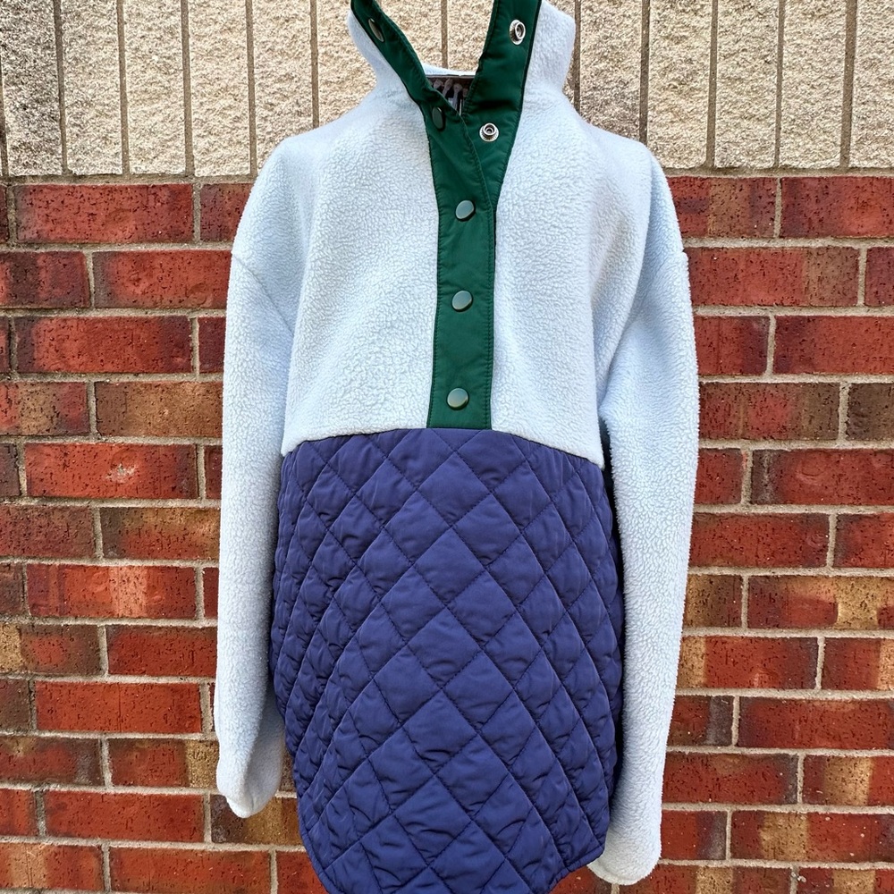 J. Crew Diamond Quilted Sherpa Fleece Colorblock Pullover Snap Gorpcore Blues M